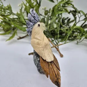 Vintage Gemstone Carved Parrot Bird, Calcite Carved Bird with Tiger Eye Tail and Sodalite Plumage on Amethyst Cluster