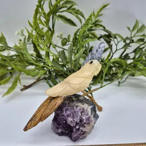 Vintage Gemstone Carved Parrot Bird, Calcite Carved Bird with Tiger Eye Tail and Sodalite Plumage on Amethyst Cluster