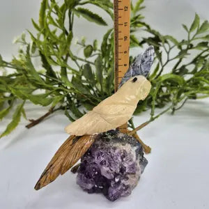 Vintage Gemstone Carved Parrot Bird, Calcite Carved Bird with Tiger Eye Tail and Sodalite Plumage on Amethyst Cluster