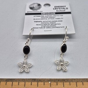 Black Obsidian Silver Plated Dangle Earrings for Women