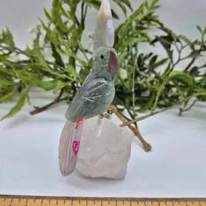 Vintage Carved Aventurine Parrot Bird on Raw Quartz Base, Rare Gemstone Bird Figurine