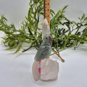 Vintage Carved Aventurine Parrot Bird on Raw Quartz Base, Rare Gemstone Bird Figurine