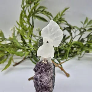 Quartz Hand Carved Bird on Raw Amethyst Cluster Base, Crystal Parrot Bird Figurine, Vintage Gemstone Bird