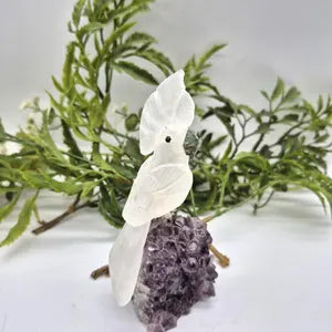 Quartz Hand Carved Bird on Raw Amethyst Cluster Base, Crystal Parrot Bird Figurine, Vintage Gemstone Bird