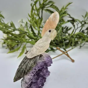 Quartz Carved Bird on Amethst Cluster Base Calcite Plum and Jade Tail, Gemstone Vintage Parrot Bird Sculpture Figurine