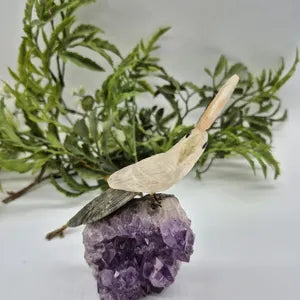 Quartz Carved Bird on Amethst Cluster Base Calcite Plum and Jade Tail, Gemstone Vintage Parrot Bird Sculpture Figurine