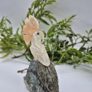 Quartz Carved Bird on Amethst Cluster Base Calcite Plum and Jade Tail, Gemstone Vintage Parrot Bird Sculpture Figurine