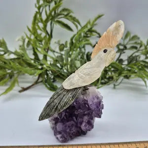 Quartz Carved Bird on Amethst Cluster Base Calcite Plum and Jade Tail, Gemstone Vintage Parrot Bird Sculpture Figurine