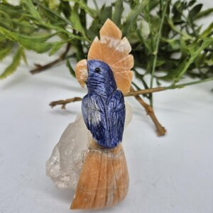 Vintage Sodalite Carved Bird on Quartz Point and Orange Calcite Details, Gemstone Bird Figurine