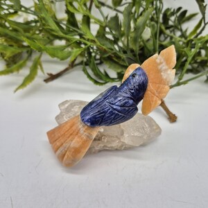 Vintage Sodalite Carved Bird on Quartz Point and Orange Calcite Details, Gemstone Bird Figurine