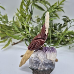 Genuine Jasper Carved Bird on Amethyst Cluster, Crystal Bird Carving, Gemstone Bird Sculpture