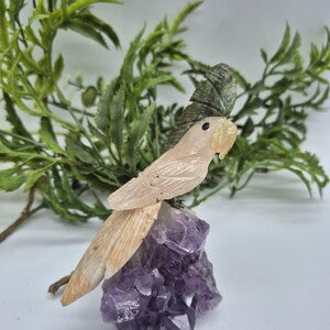 Rose Quartz Carved Bird on Amethyst Cluster with Jade and Calcite Details, Vintage Gemstone Bird Carving