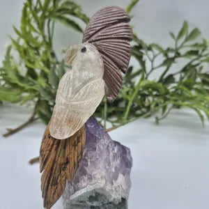 Quartz Carved Bird on Amethyst Cluster with Jasper Details, Gemstone Bird Sculpture, Vintage Bird Carving