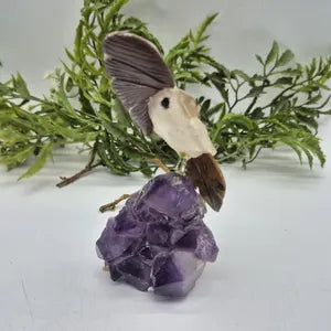 Quartz Carved Bird on Amethyst Cluster with Jasper Details, Gemstone Bird Sculpture, Vintage Bird Carving
