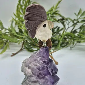 Quartz Carved Bird on Amethyst Cluster with Jasper Details, Gemstone Bird Sculpture, Vintage Bird Carving