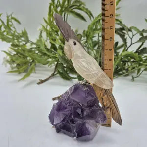 Quartz Carved Bird on Amethyst Cluster with Jasper Details, Gemstone Bird Sculpture, Vintage Bird Carving