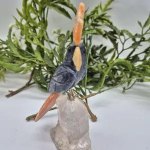 Sodalite Carved Bird on Cler Quartz Point and Orange Calcite, Gemstone Bird Sculpture