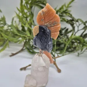 Sodalite Carved Bird on Cler Quartz Point and Orange Calcite, Gemstone Bird Sculpture