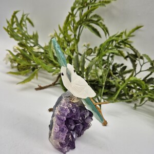 Vintage Quartz Carved Bird with Green Agate Tail and Plumage on Amethyst Cluster, Gemstone Bird Sculpture