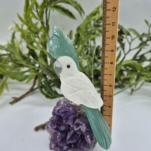 Vintage Quartz Carved Bird with Green Agate Tail and Plumage on Amethyst Cluster, Gemstone Bird Sculpture
