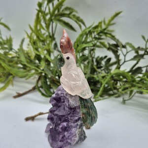 Rose Quartz Carved Bird with Jade Details on Amethyst Cluster, Vintage Gemstone Parrot Bird Sculpture