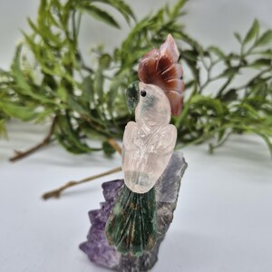 Rose Quartz Carved Bird with Jade Details on Amethyst Cluster, Vintage Gemstone Parrot Bird Sculpture