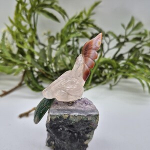 Rose Quartz Carved Bird with Jade Details on Amethyst Cluster, Vintage Gemstone Parrot Bird Sculpture