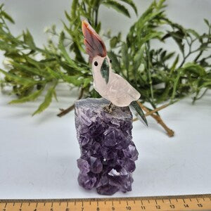 Rose Quartz Carved Bird with Jade Details on Amethyst Cluster, Vintage Gemstone Parrot Bird Sculpture