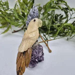 Vintage Gemstone Carved Parrot Bird, Calcite Carved Bird with Tiger Eye Tail and Sodalite Plumage on Amethyst Cluster