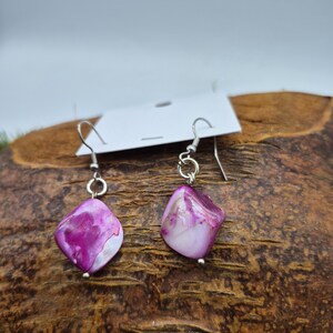 Pink Fuchsia Mother of Pearl Dangle Earrings – Handmade Natural Shell Earrings