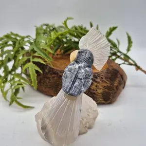Vintage Gemstone Carved Parrot Bird, Sodalite Carved Bird with Agate Plumage on Raw Quartz Base