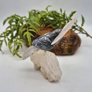 Vintage Gemstone Carved Parrot Bird, Sodalite Carved Bird with Agate Plumage on Raw Quartz Base