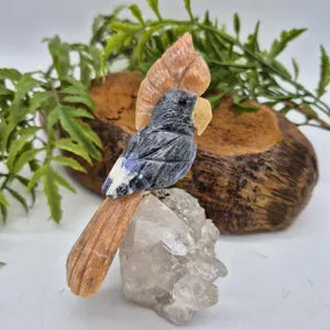Sodalite Carved Bird with Orange Calcite Feathers on Raw Quartz Base – Gemstone Bird Figurine, Crystal Animal Sculpture, Nature Home Décor