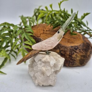 Rose Quartz Brazilian Parrot with Tiger Eye & Jade Feathers on Raw Quartz Base – Gemstone Bird Figurine, Crystal Animal Sculpture - RARE