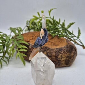Sodalite Brazilian Parrot with Orange Agate Feathers on Quartz Point Base – Gemstone Bird Figurine, Crystal Animal Sculpture