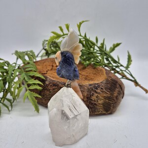 Sodalite Brazilian Parrot with Orange Agate Feathers on Quartz Point Base – Gemstone Bird Figurine, Crystal Animal Sculpture