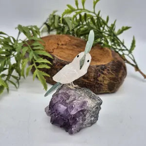 Rose Quartz Bird with Green Aventurine Details on Amethyst Cluster Base – Gemstone Bird Figurine, Crystal Animal Sculpture