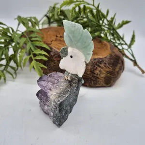 Rose Quartz Bird with Green Aventurine Details on Amethyst Cluster Base – Gemstone Bird Figurine, Crystal Animal Sculpture