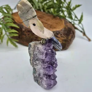 Rose Quartz Brazilian Bird on Amethyst Cluster Base with Agate & Sodalite Feathers – Gemstone Bird Figurine, Crystal Animal Sculpture