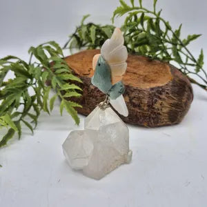 Green Aventurine Brazilian Carved Bird with Agate Details on Quartz Point Base , Vintage Gemstone Parrot Bird Sculpture