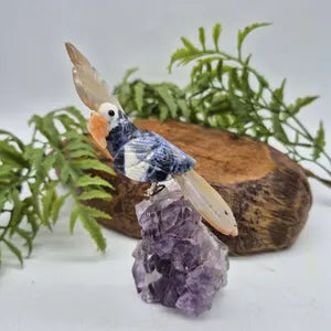 Sodalite Brazilian Carved Bird with Agate Details on Amethyst Cluster Base , Vintage Gemstone Parrot Bird Sculpture