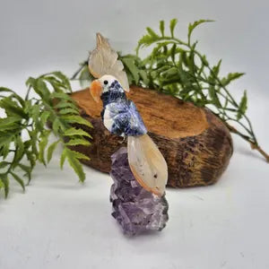 Sodalite Brazilian Carved Bird with Agate Details on Amethyst Cluster Base , Vintage Gemstone Parrot Bird Sculpture