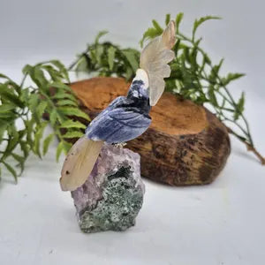 Sodalite Brazilian Carved Bird with Agate Details on Amethyst Cluster Base , Vintage Gemstone Parrot Bird Sculpture