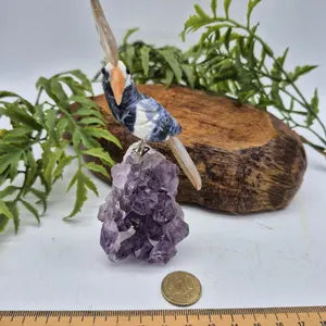 Sodalite Brazilian Carved Bird with Agate Details on Amethyst Cluster Base , Vintage Gemstone Parrot Bird Sculpture