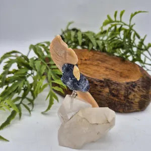Sodalite Carved Bird on Cler Quartz Point and Orange Calcite, Gemstone Bird Sculpture