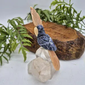 Sodalite Carved Bird on Cler Quartz Point and Orange Calcite, Gemstone Bird Sculpture
