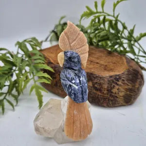 Sodalite Carved Bird on Cler Quartz Point and Orange Calcite, Gemstone Bird Sculpture