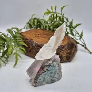 Quartz Carved Bird on Amethst Cluster Base Agate Plum and Tail, Gemstone Vintage Parrot Bird Sculpture Figurine