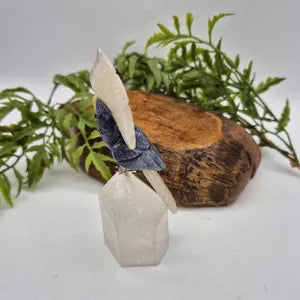 Sodalite Brazilian Parrot with Agate Feathers on Quartz Point Base – Gemstone Bird Figurine, Crystal Animal Sculpture