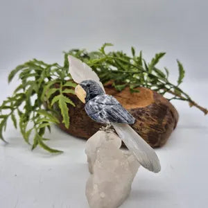Vintage Gemstone Carved Parrot Bird, Sodalite Carved Bird with Agate Plumage on Raw Quartz Base